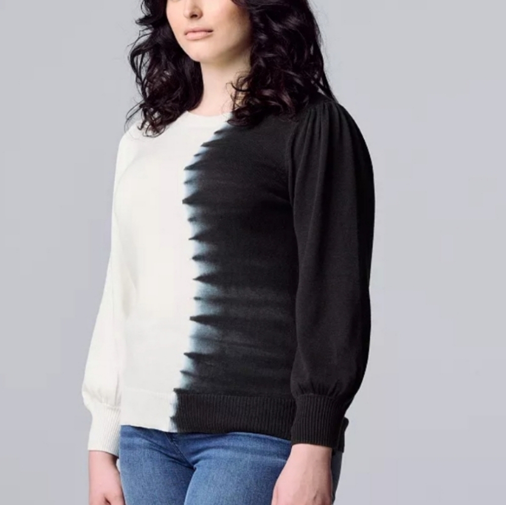 SIMPLY VERA WANG Black and White Tie Dye Balloon Sleeve Lightweight Sweater